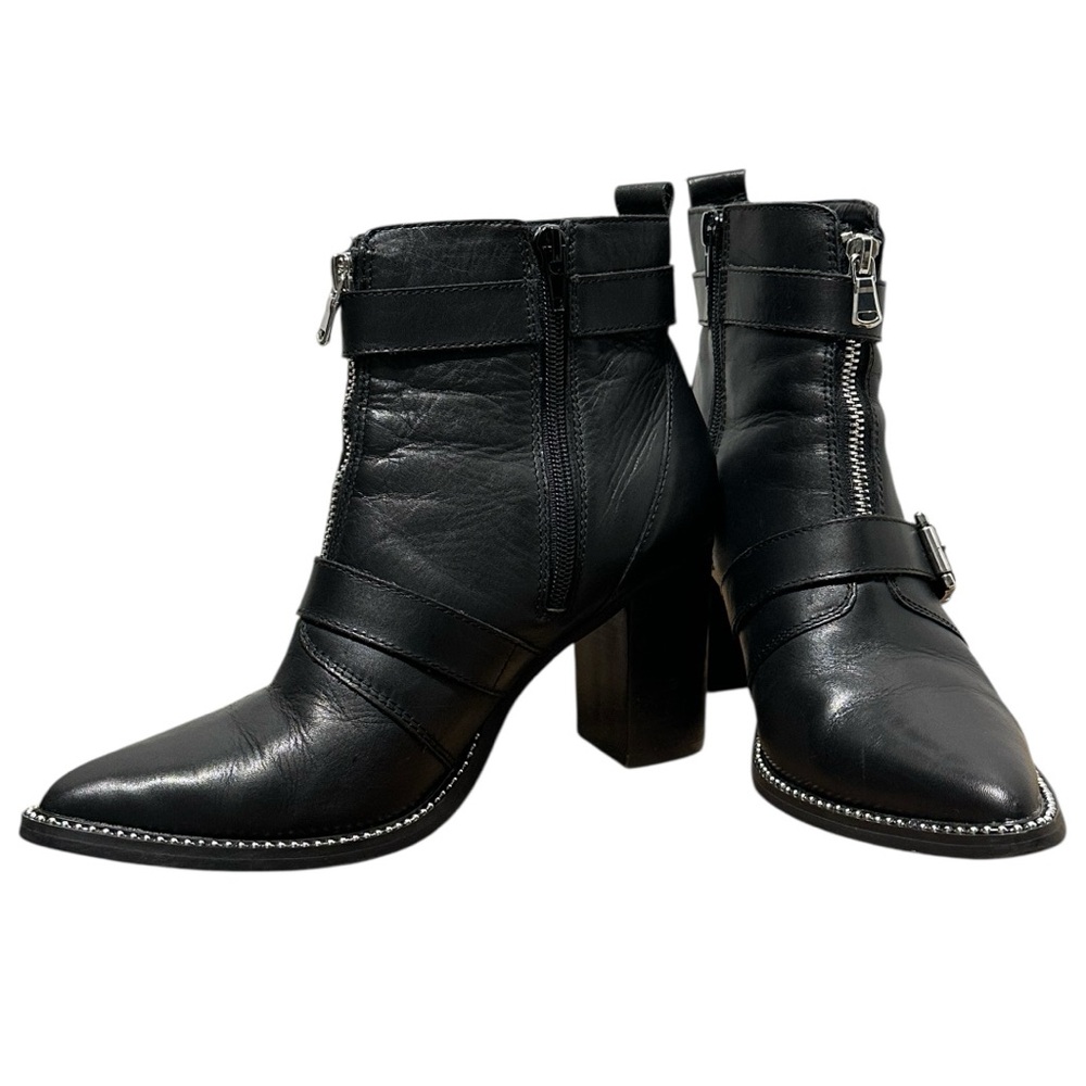 Steve Madden Halle Moto Buckle Black Leather Pointed Toe Zipper Booties - Picture 4 of 14